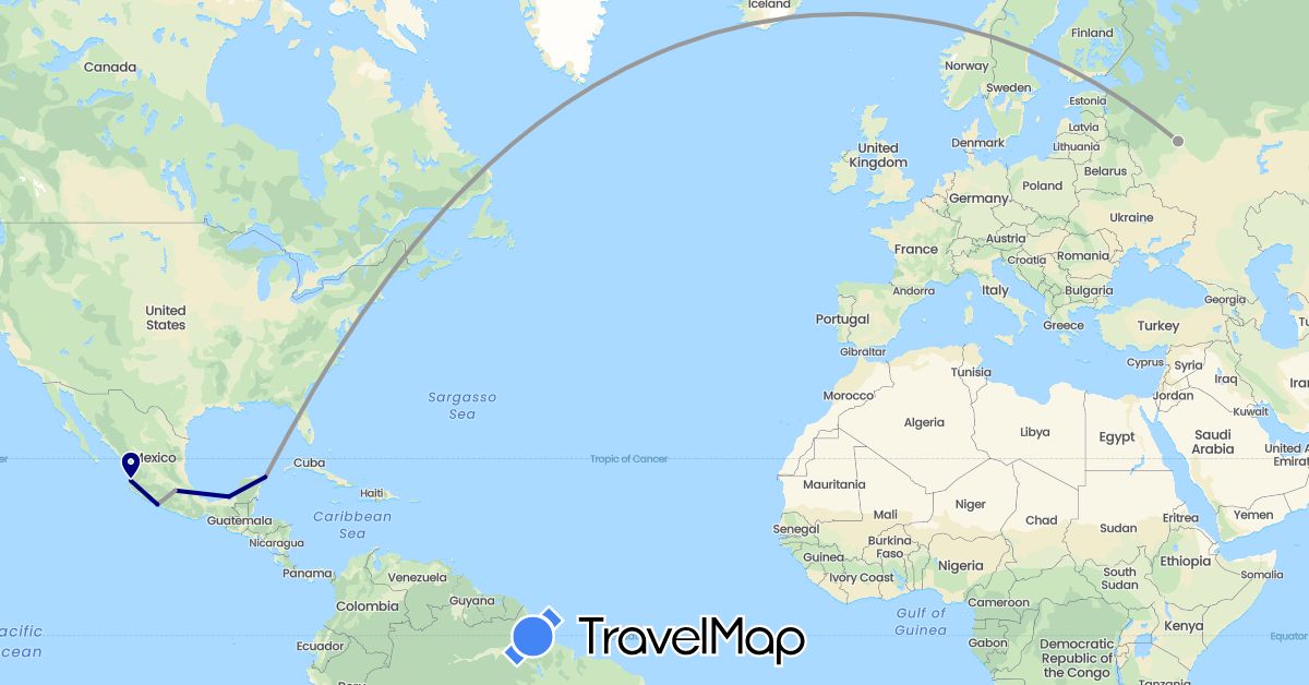 TravelMap itinerary: driving, plane in Mexico, Russia (Europe, North America)